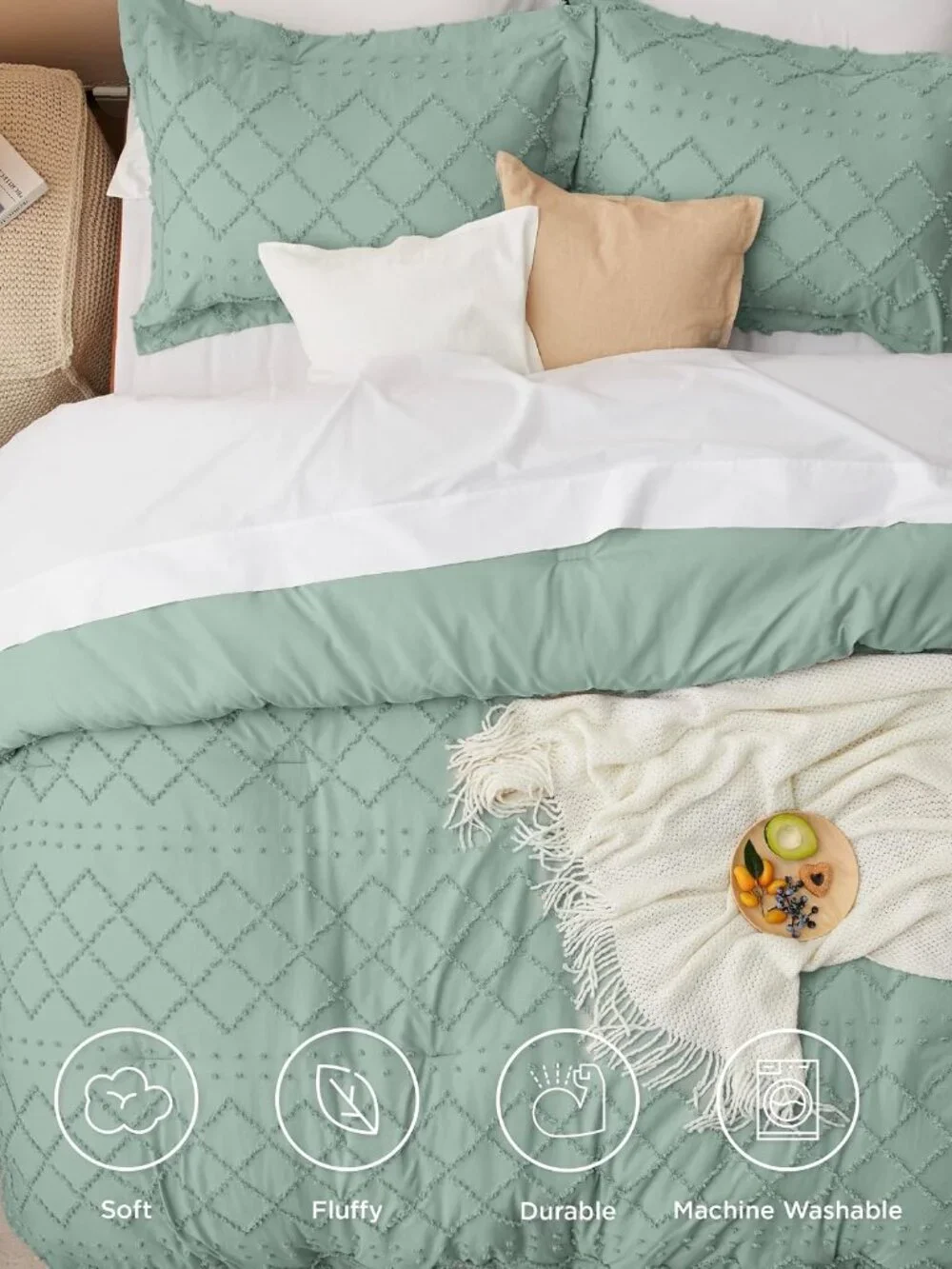 Twin Comforter Set - Sage Green Comforter, Boho Tufted Distressed Vintage Beddin